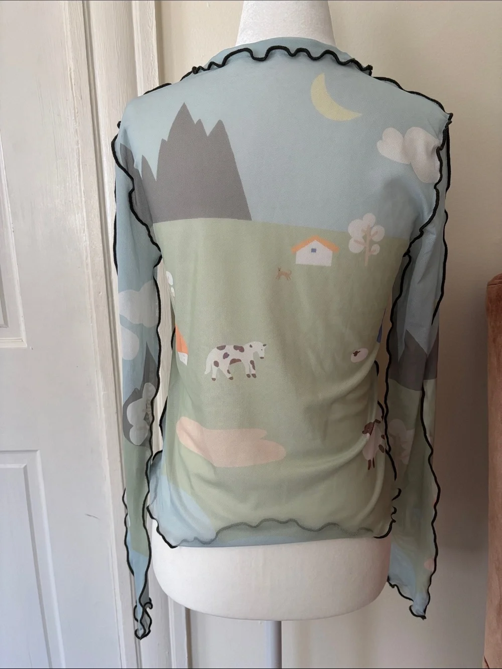 Small Kina and Tam landscape mesh top Sheer Farm Print  - Light Blue/Green - Picture 4 of 7